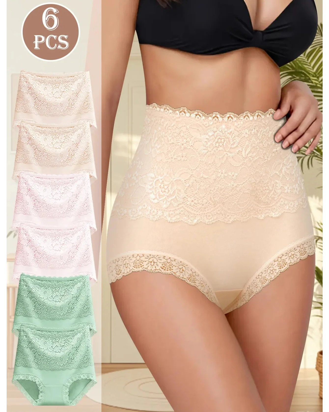 Women's Floral Lace High Waist Hip Lifting Cotton Briefs (3 Pack / 6 Pack) - Image 2