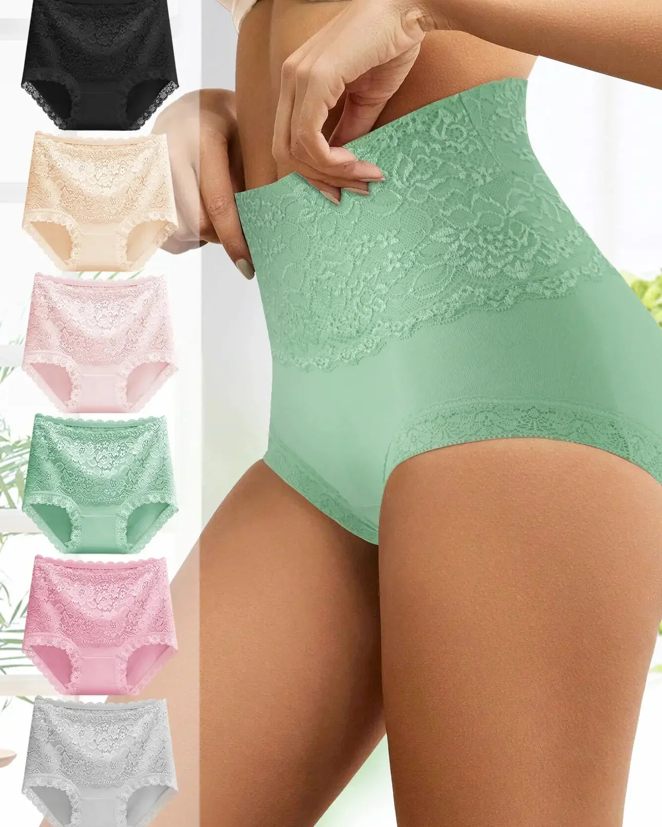 Women's Floral Lace High Waist Hip Lifting Cotton Briefs (3 Pack / 6 Pack) - Image 4