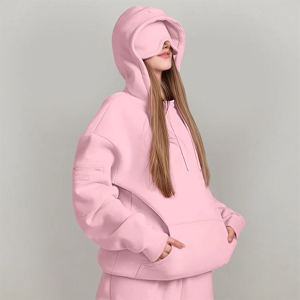 Airplane Model Travel Hoodie Eye Mask Built in Long Sleeve Oversized Sweatshirt - Image 7