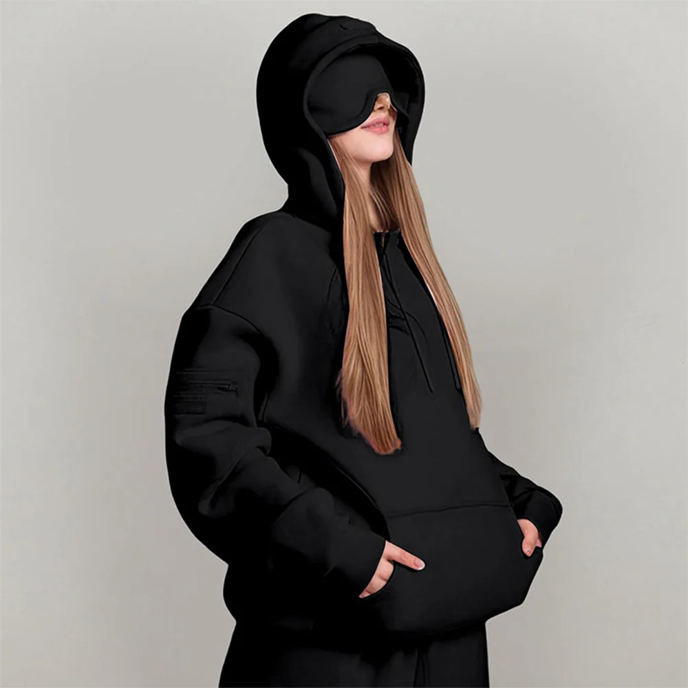 Airplane Model Travel Hoodie Eye Mask Built in Long Sleeve Oversized Sweatshirt - Image 9