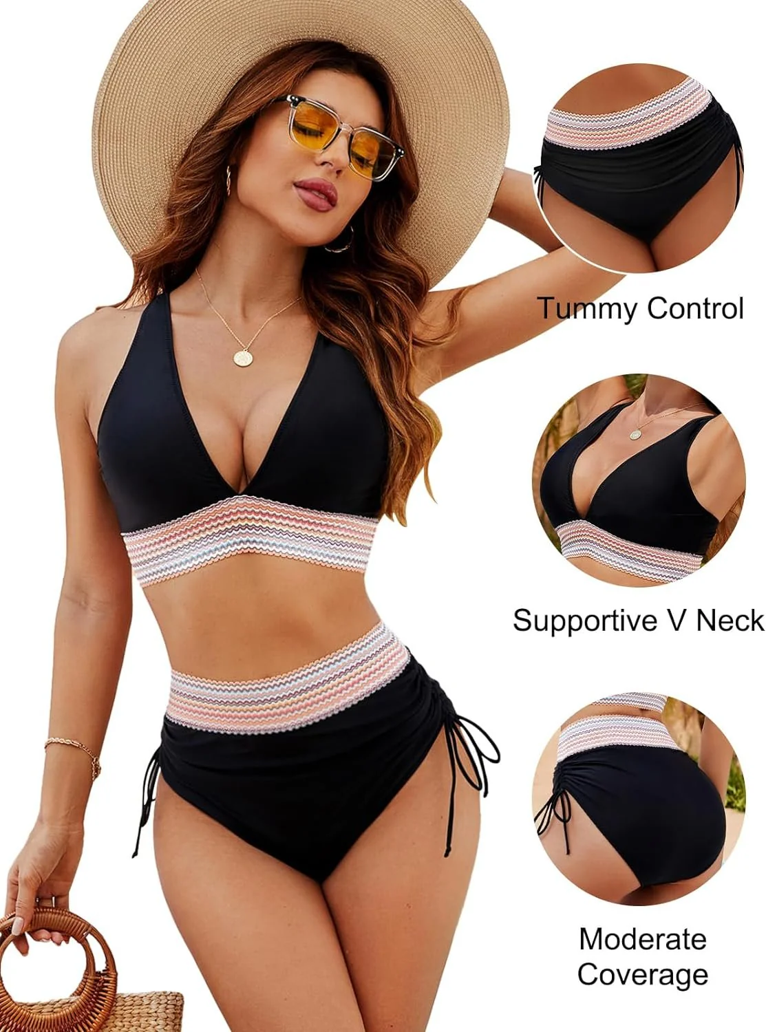 2025 High Waisted Tummy Control Color Block Bikini Sets - Image 11