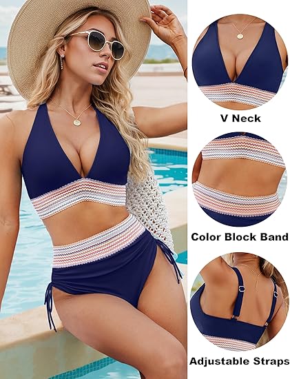 2025 High Waisted Tummy Control Color Block Bikini Sets - Image 14