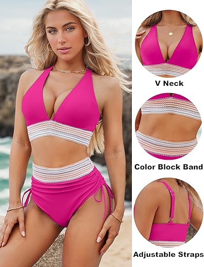 2025 High Waisted Tummy Control Color Block Bikini Sets - Image 18