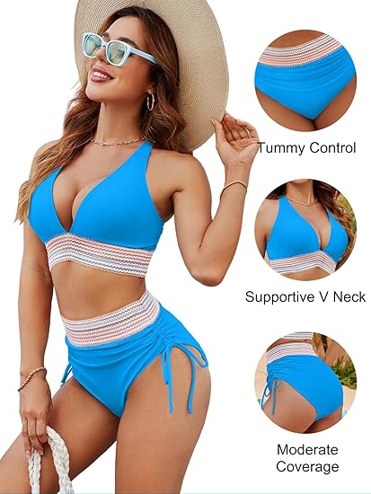 2025 High Waisted Tummy Control Color Block Bikini Sets - Image 30