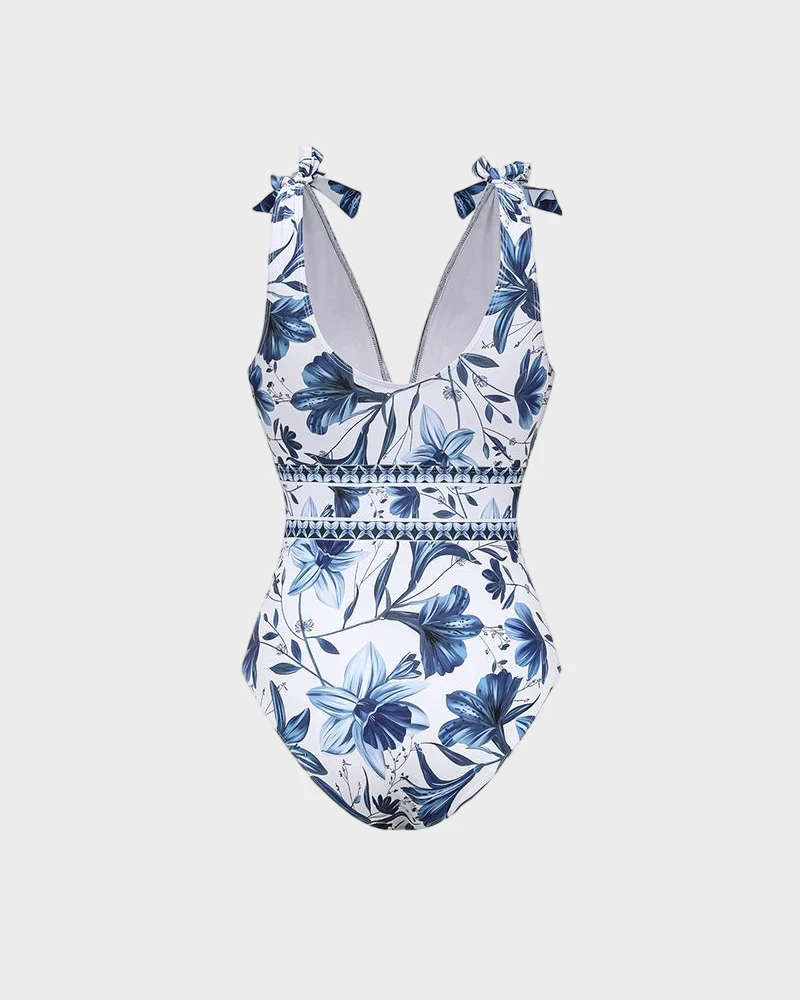 Blue Print Swimsuit Set with Cover Skirt V Neck Swimsuit Dress - Image 10
