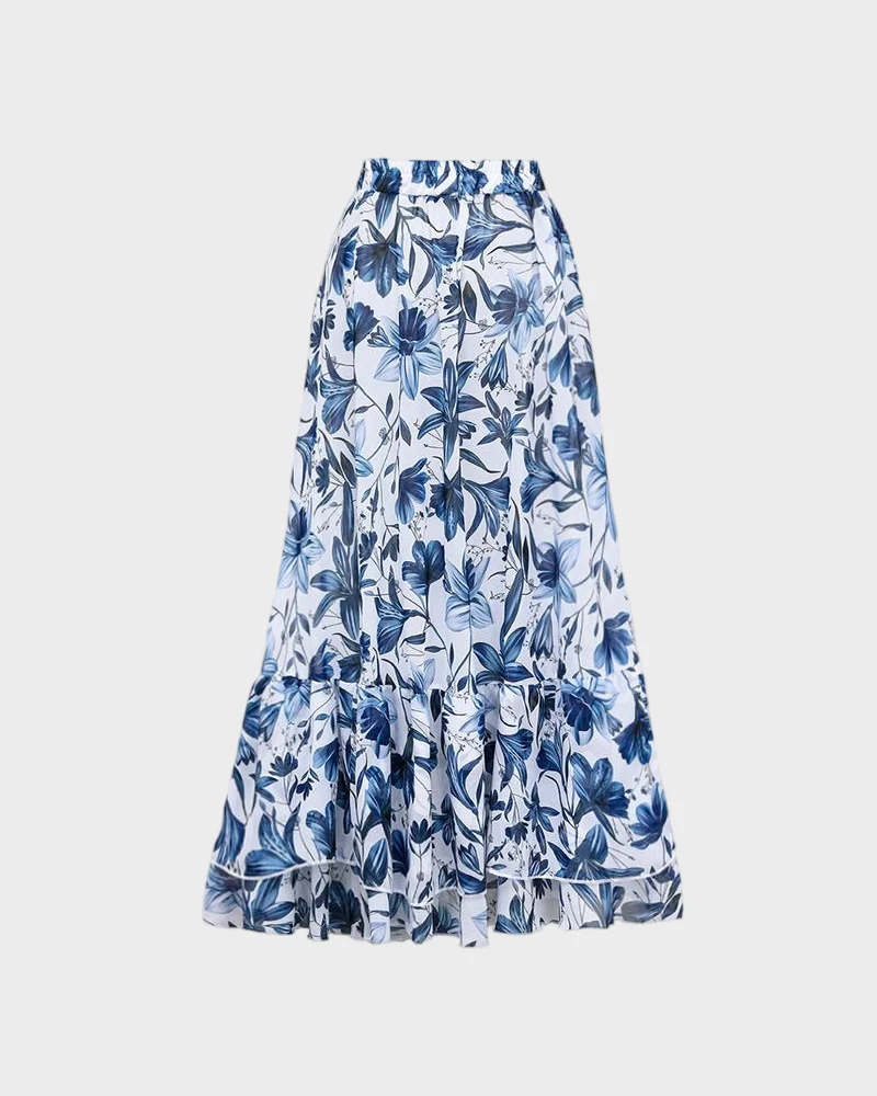 Blue Print Swimsuit Set with Cover Skirt V Neck Swimsuit Dress - Image 11