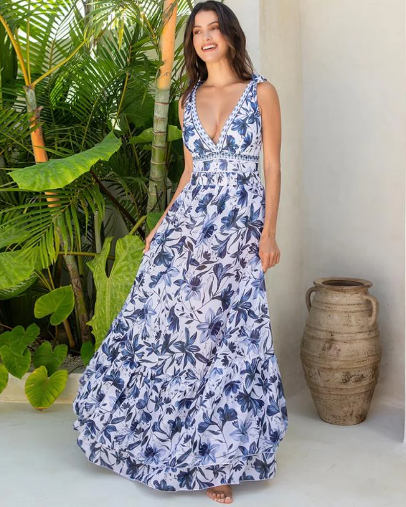 Blue Print Swimsuit Set with Cover Skirt V Neck Swimsuit Dress - Image 4