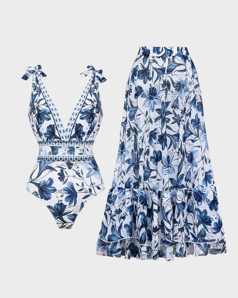 Blue Print Swimsuit Set with Cover Skirt V Neck Swimsuit Dress - Image 8