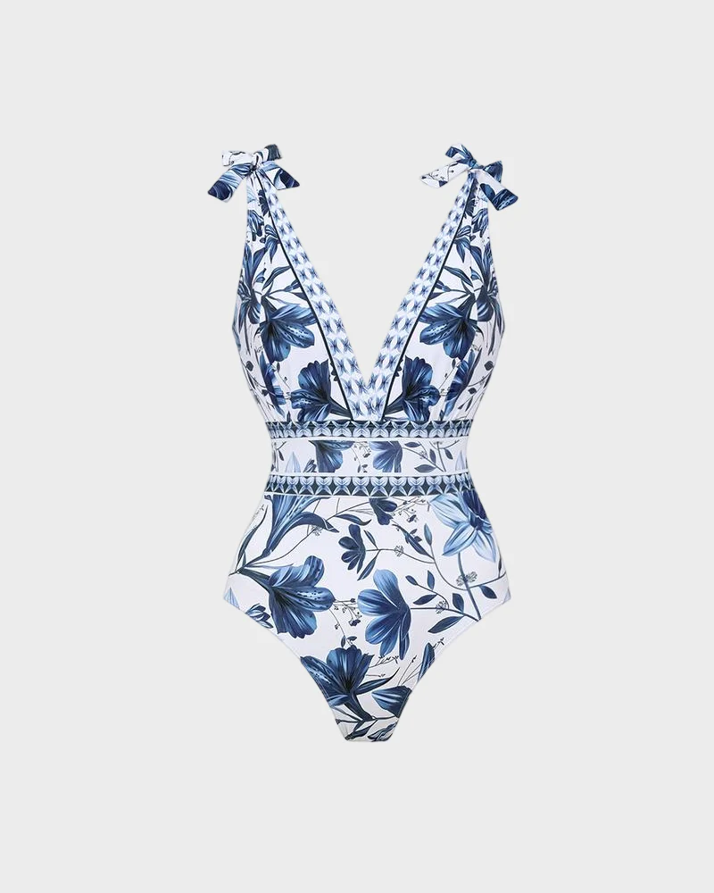 Blue Print Swimsuit Set with Cover Skirt V Neck Swimsuit Dress - Image 9