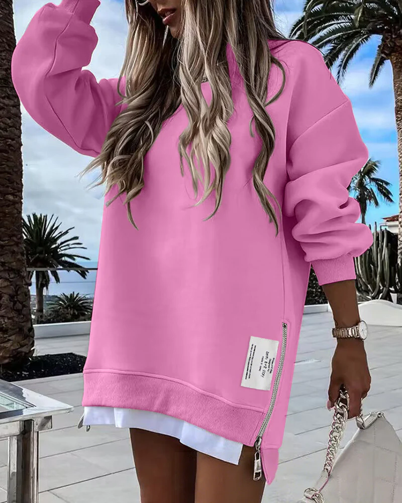 Casual Long Sleeve Zipper Slit Oversized Sweatshirt - Image 17