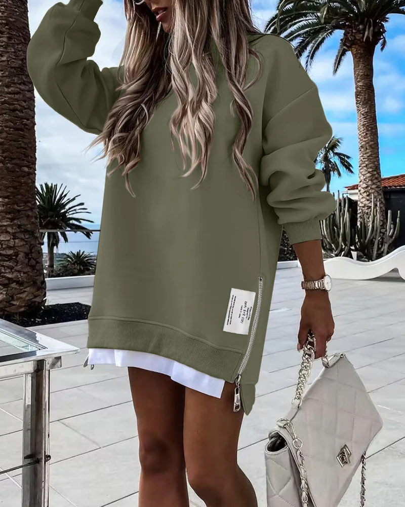 Casual Long Sleeve Zipper Slit Oversized Sweatshirt - Image 18