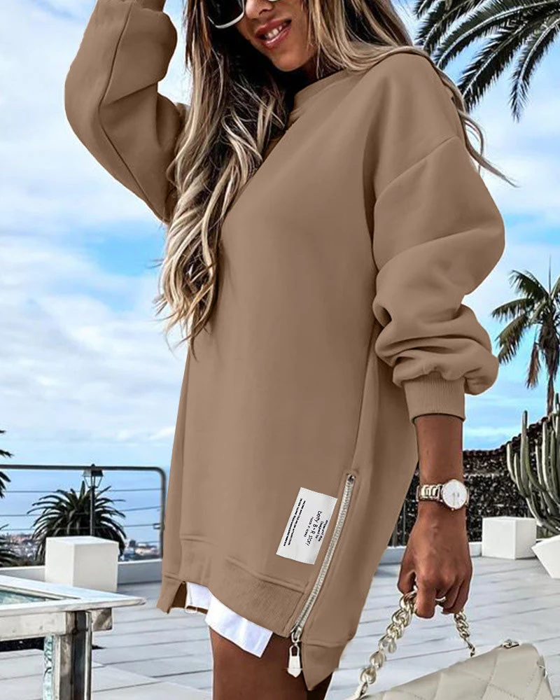 Casual Long Sleeve Zipper Slit Oversized Sweatshirt - Image 2