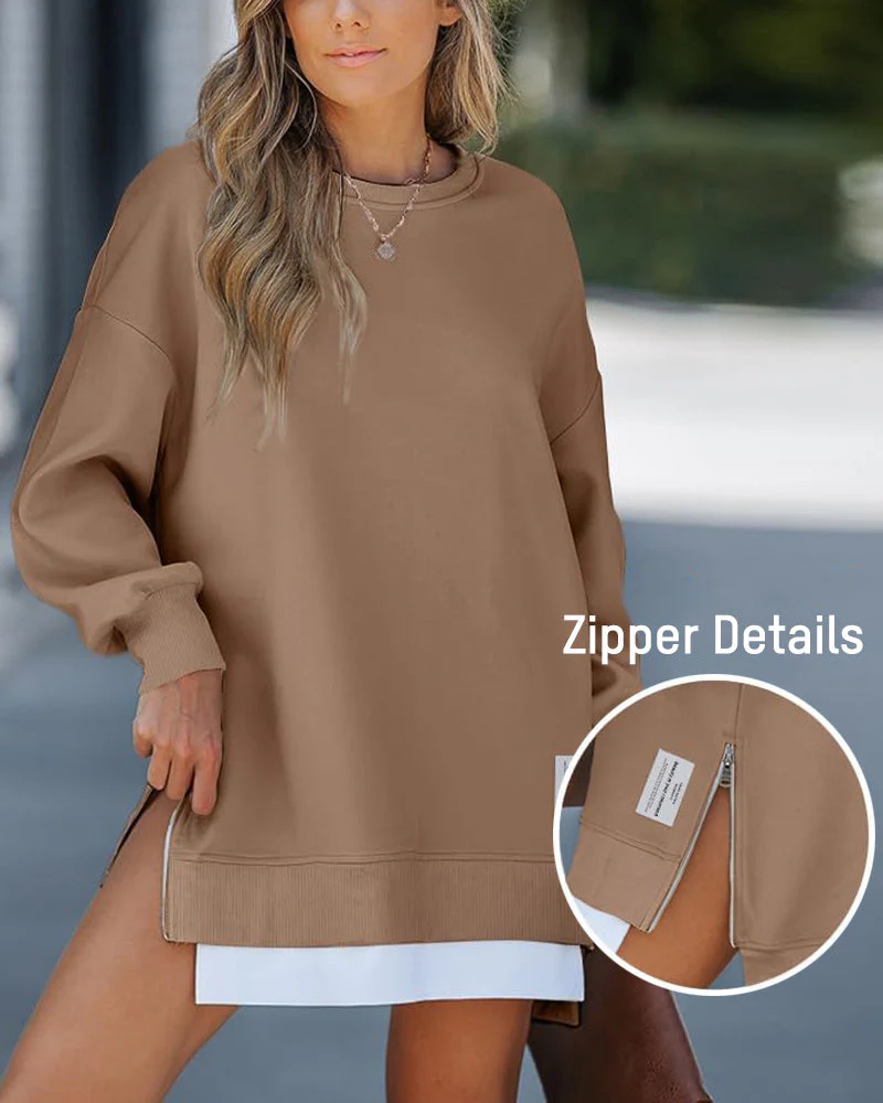 Casual Long Sleeve Zipper Slit Oversized Sweatshirt - Image 5