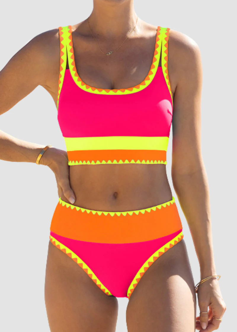 Color Contrast Patchwork Nylon Sporty 3 Piece Bikini Sets - Image 14
