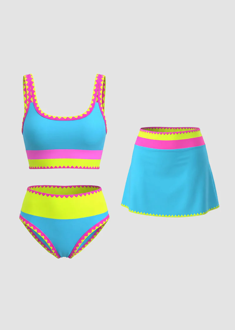 Color Contrast Patchwork Nylon Sporty 3 Piece Bikini Sets - Image 22