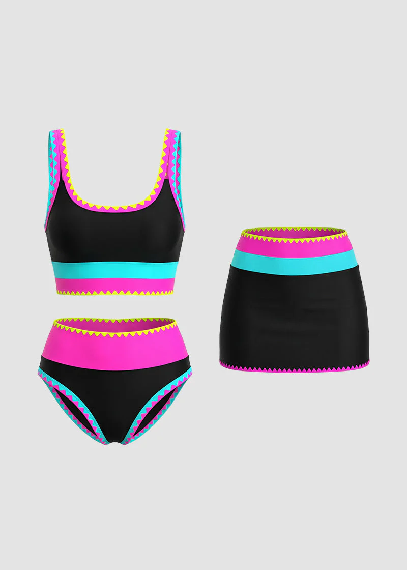 Color Contrast Patchwork Nylon Sporty 3 Piece Bikini Sets - Image 23