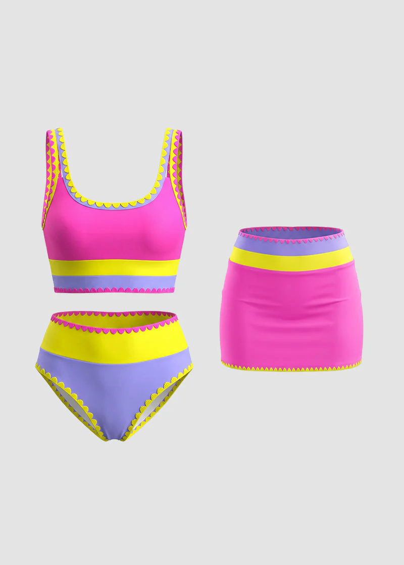 Color Contrast Patchwork Nylon Sporty 3 Piece Bikini Sets - Image 24