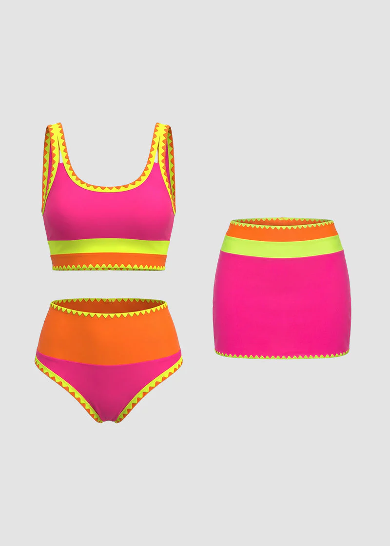 Color Contrast Patchwork Nylon Sporty 3 Piece Bikini Sets - Image 25