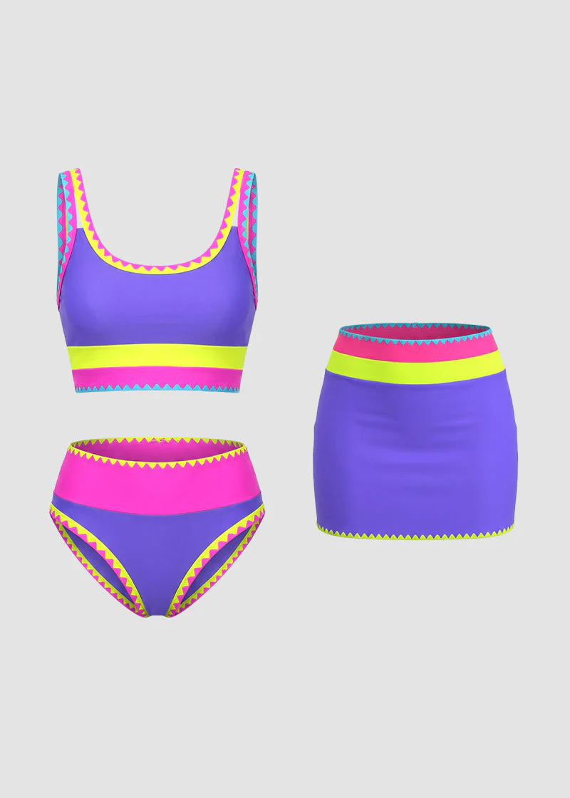 Color Contrast Patchwork Nylon Sporty 3 Piece Bikini Sets - Image 26