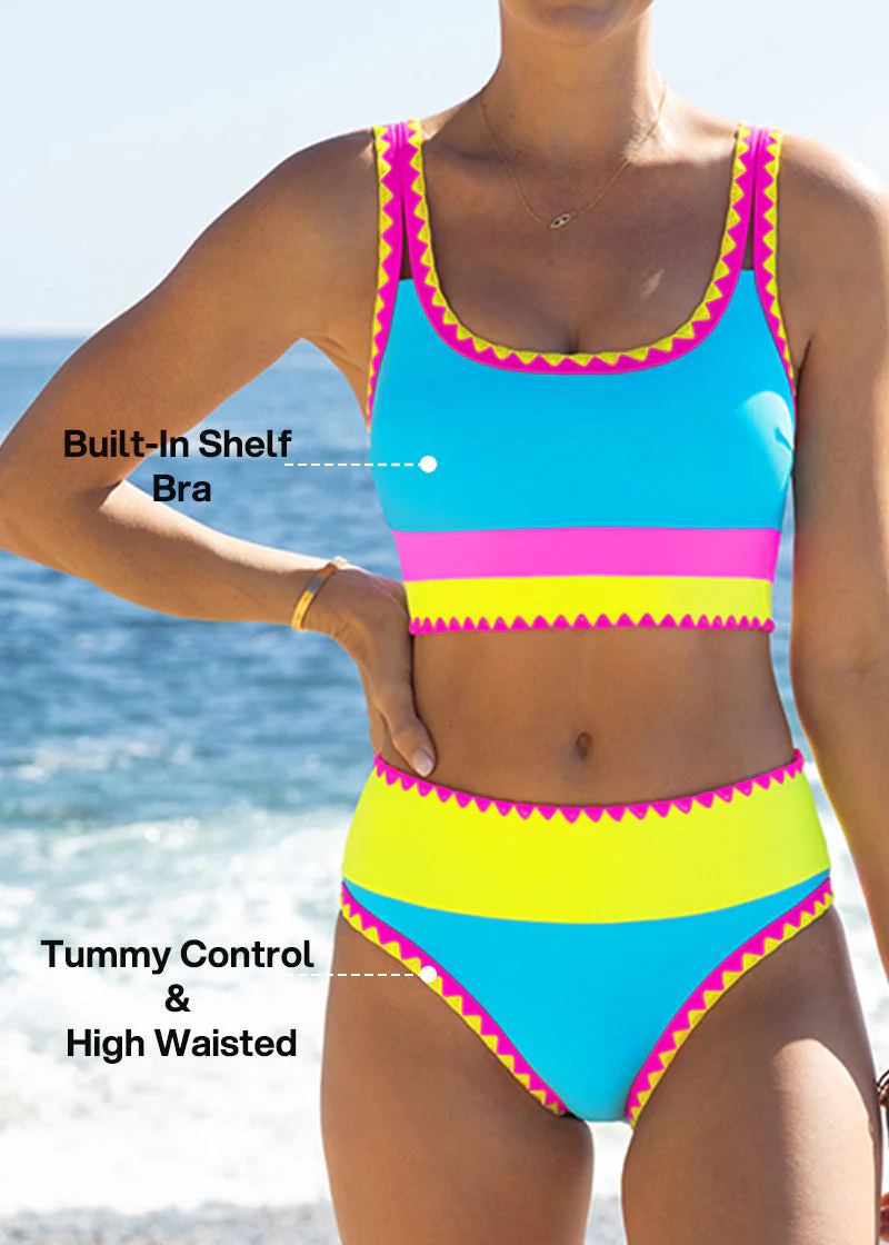 Color Contrast Patchwork Nylon Sporty 3 Piece Bikini Sets - Image 4
