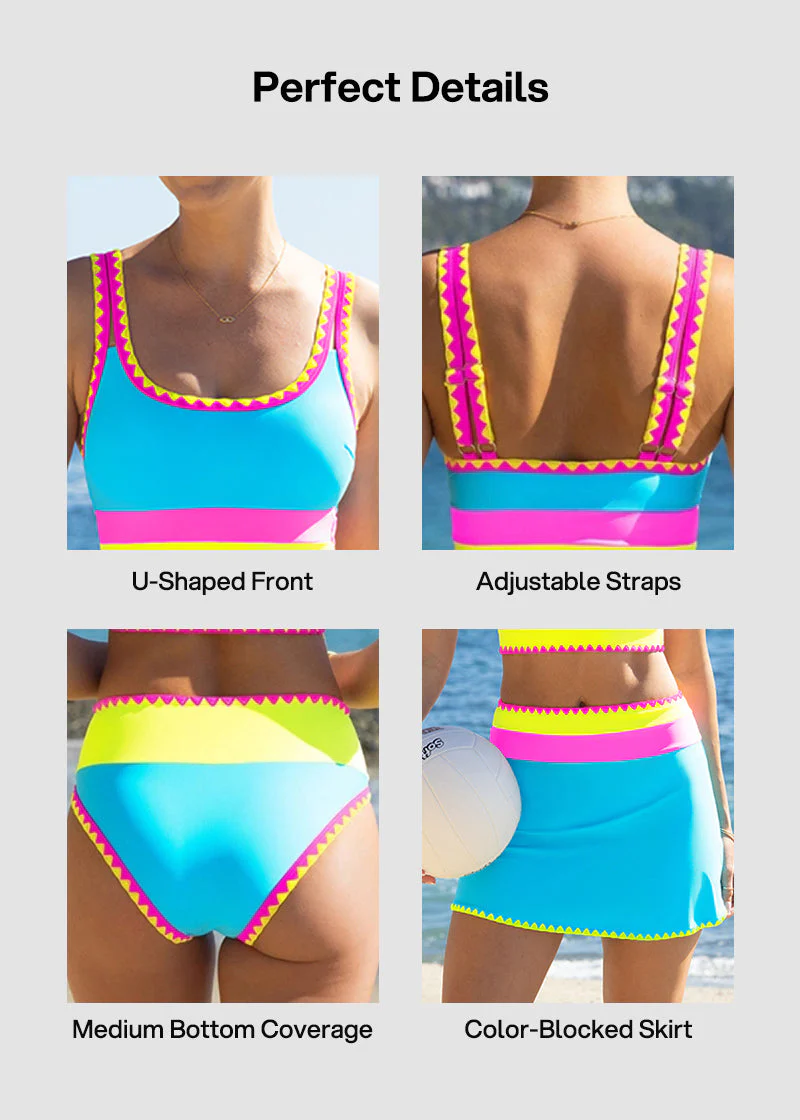Color Contrast Patchwork Nylon Sporty 3 Piece Bikini Sets - Image 5