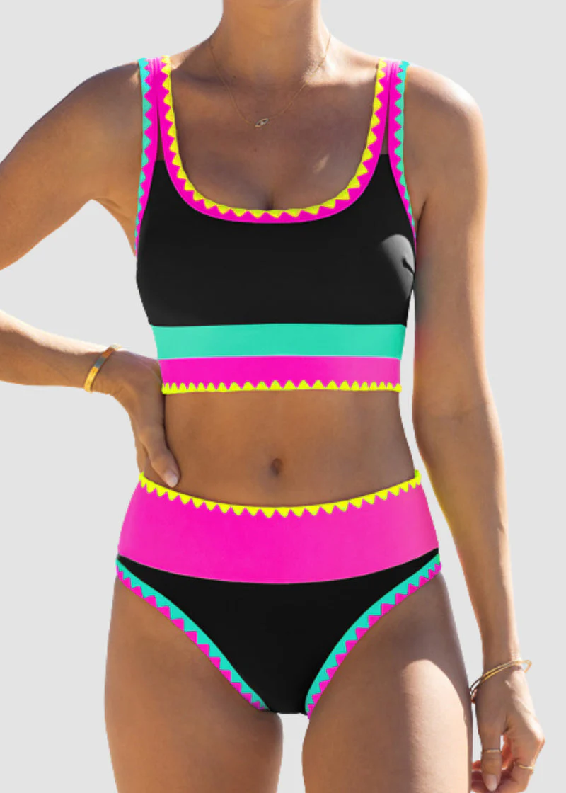 Color Contrast Patchwork Nylon Sporty 3 Piece Bikini Sets - Image 6