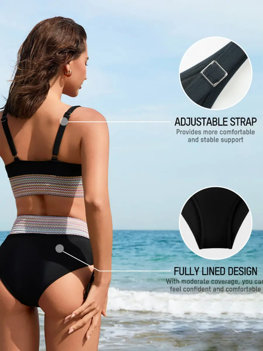 High Waisted Tummy Control Color Block Bikini Sets - Image 6