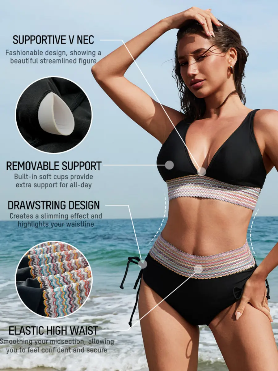 High Waisted Tummy Control Color Block Bikini Sets - Image 7