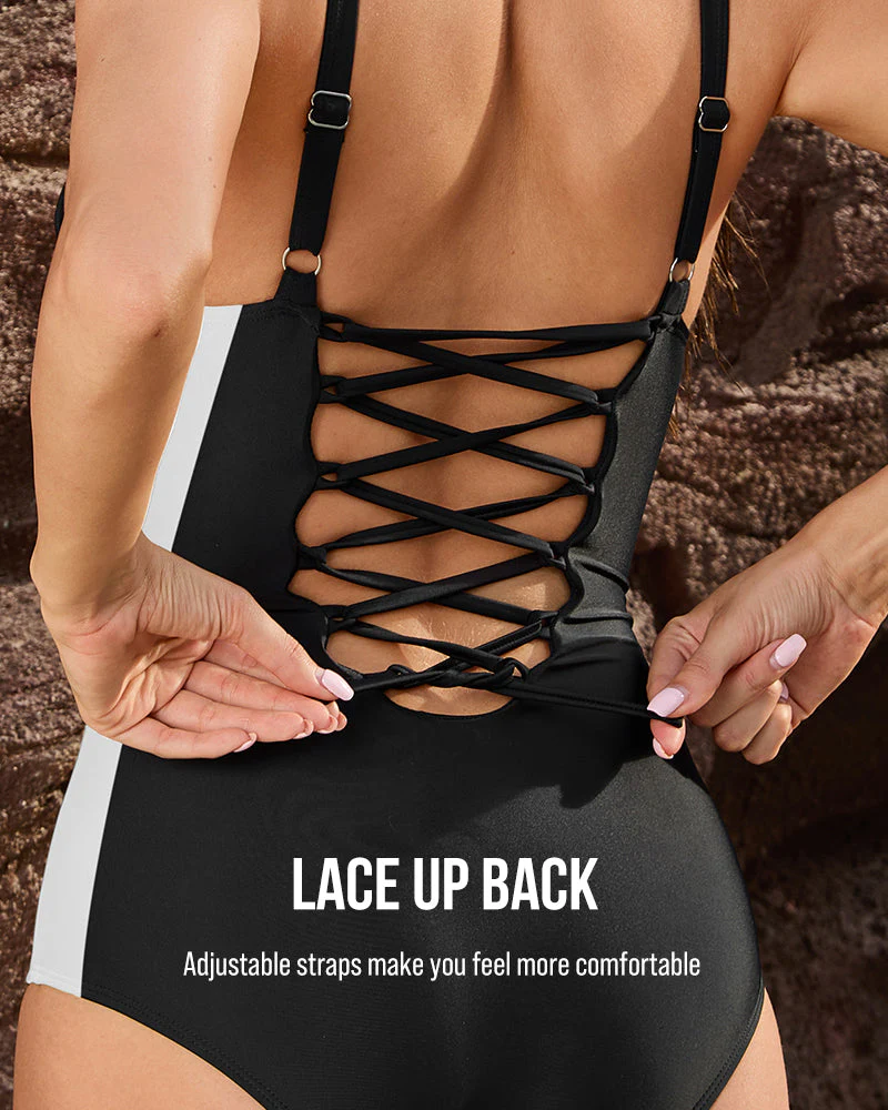 Plunge Lace-Up Corset Sculpting Swimsuit - Image 4