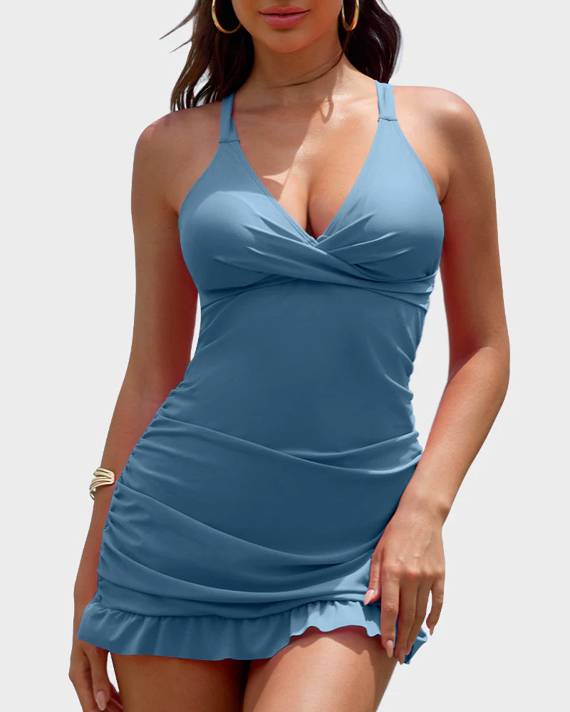 Deep V Cross-Back Ruched One-Piece Swimsuit - Image 10