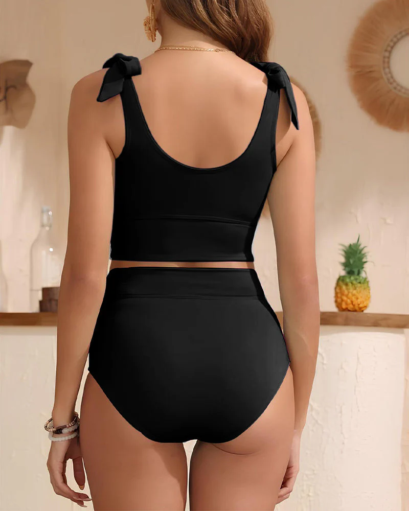 Double Tie Shoulder High Waist Tummy Control Bikini Set - Image 4