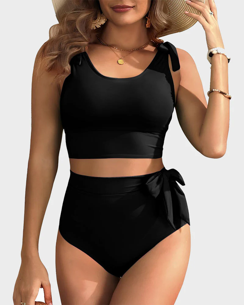 Double Tie Shoulder High Waist Tummy Control Bikini Set - Image 5