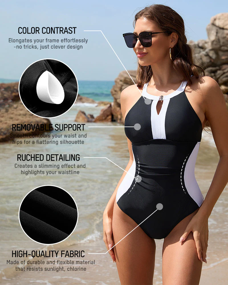 Full Coverage Retro Color Block Swimwear - Image 2