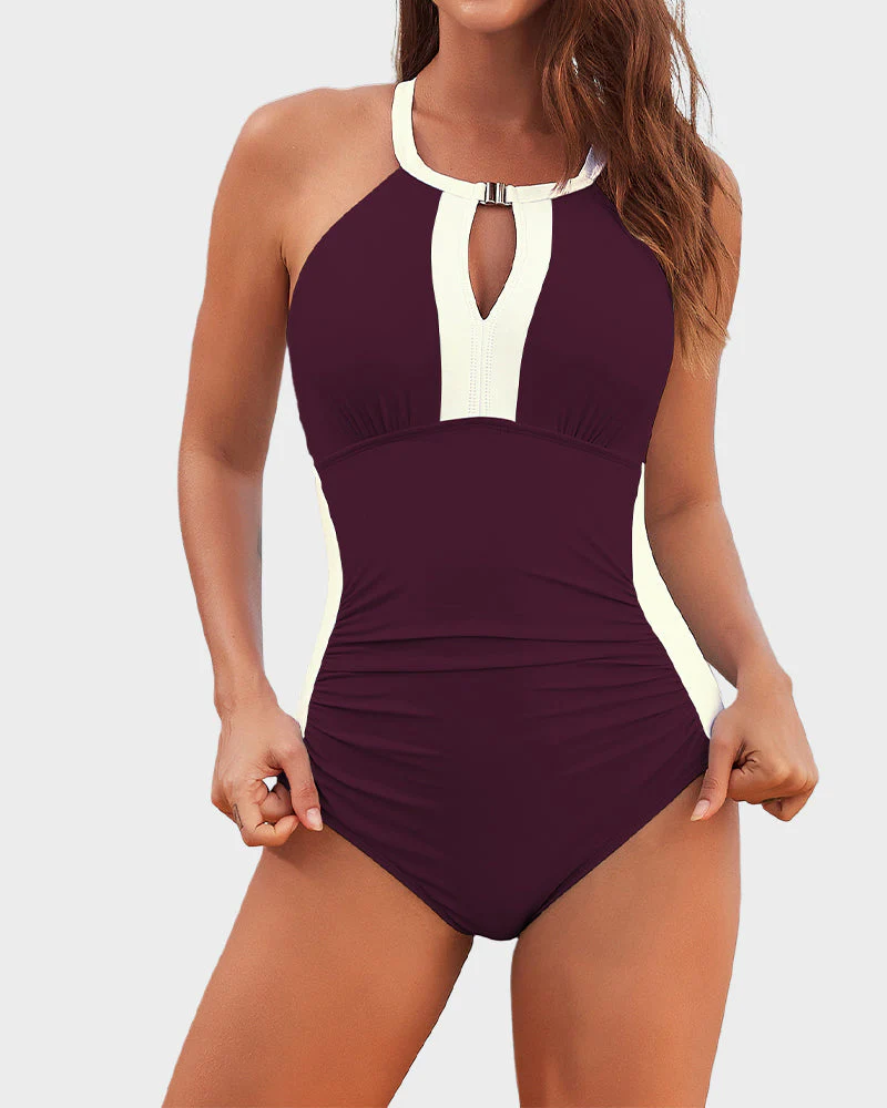 Full Coverage Retro Color Block Swimwear - Image 38