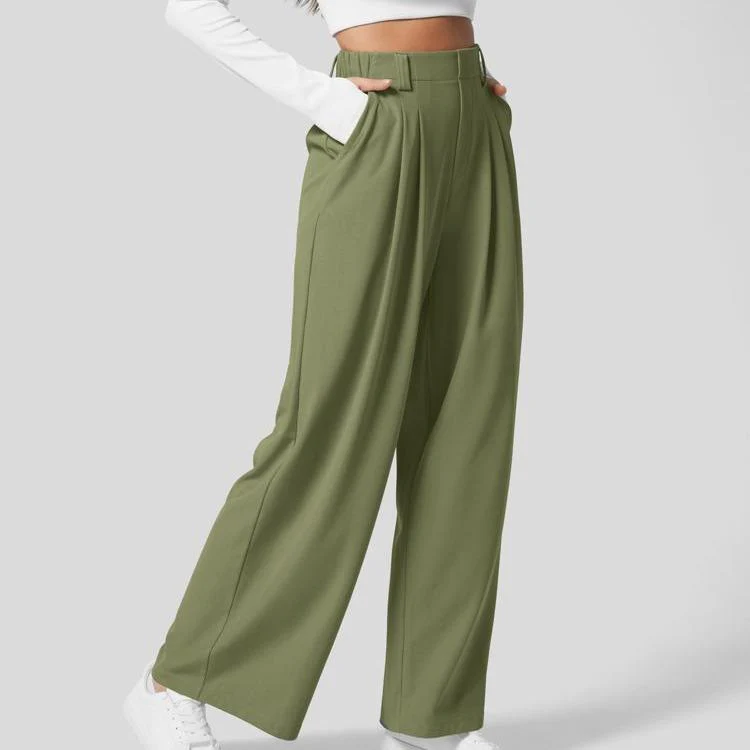 High Waisted Plicated Side Pocket Wide Leg Waffle Work Pants - Image 18