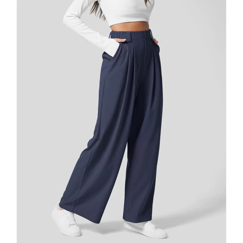 High Waisted Plicated Side Pocket Wide Leg Waffle Work Pants - Image 20