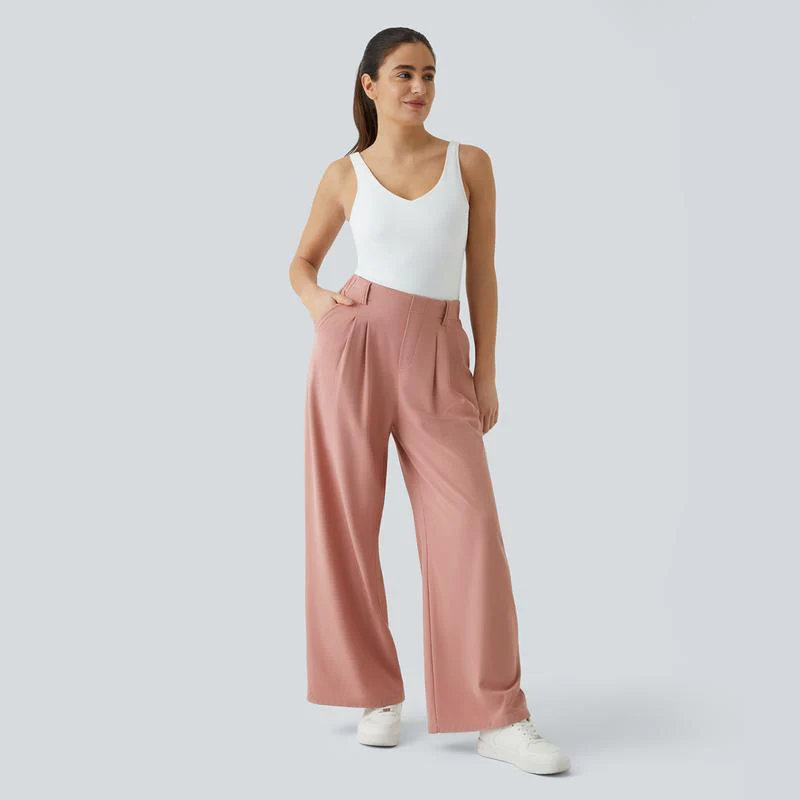 High Waisted Plicated Side Pocket Wide Leg Waffle Work Pants - Image 3