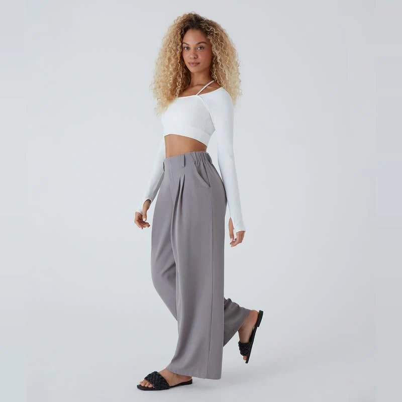 High Waisted Plicated Side Pocket Wide Leg Waffle Work Pants - Image 9