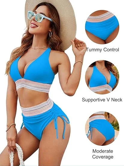 High Waisted Tummy Control Color Block Bikini Sets - Image 30