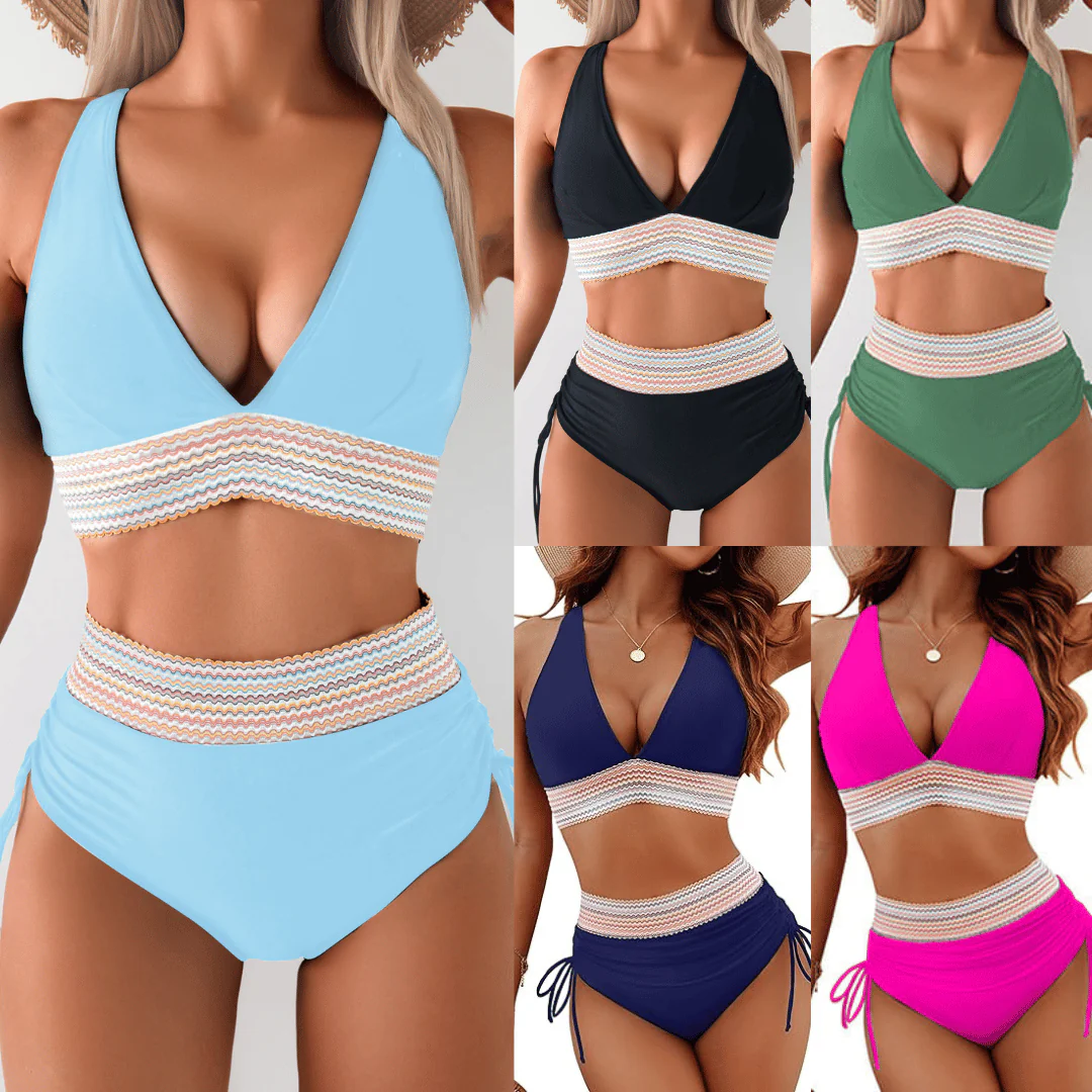 High Waisted Tummy Control Color Block Bikini Sets - Image 5