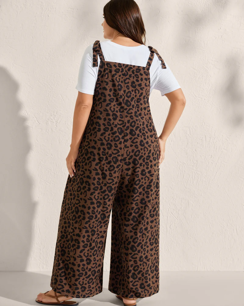 Leopard Print Jumpsuit with Shirred Shoulder Ties and Square Neck - Image 4