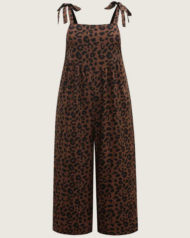 Leopard Print Jumpsuit with Shirred Shoulder Ties and Square Neck - Image 7