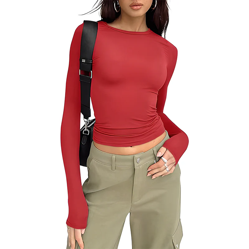 Long Sleeve Basic Tee Women's Crew Neck Slim Fit Tops - Image 10