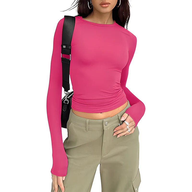 Long Sleeve Basic Tee Women's Crew Neck Slim Fit Tops - Image 11