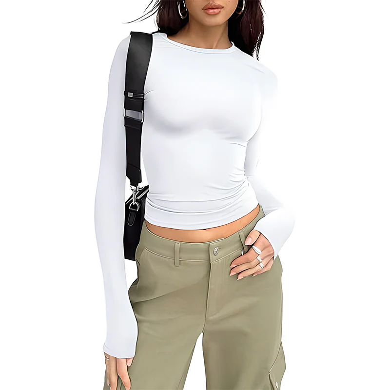 Long Sleeve Basic Tee Women's Crew Neck Slim Fit Tops - Image 5