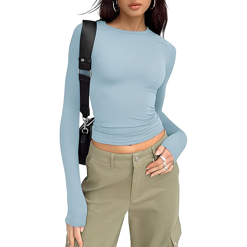 Long Sleeve Basic Tee Women's Crew Neck Slim Fit Tops - Image 7