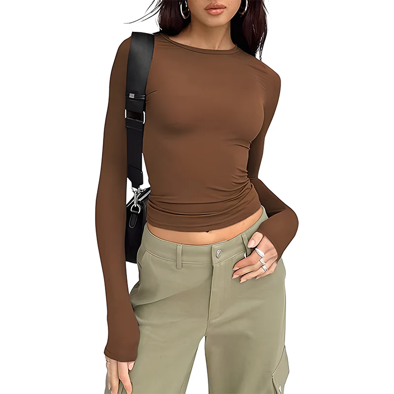 Long Sleeve Basic Tee Women's Crew Neck Slim Fit Tops - Image 8