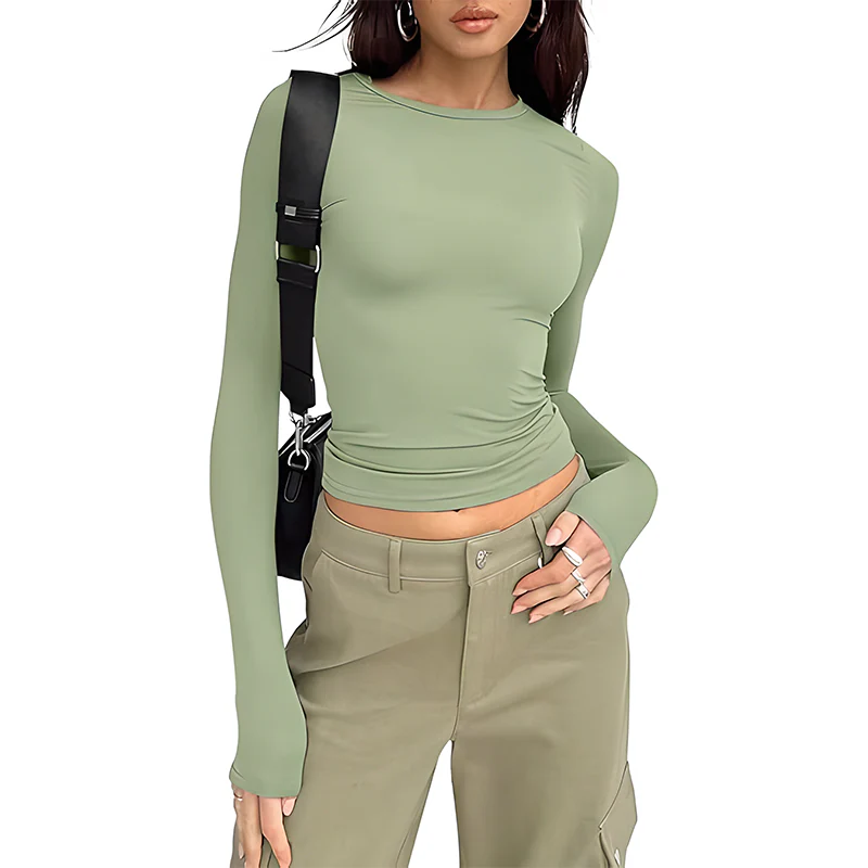 Long Sleeve Basic Tee Women's Crew Neck Slim Fit Tops - Image 9
