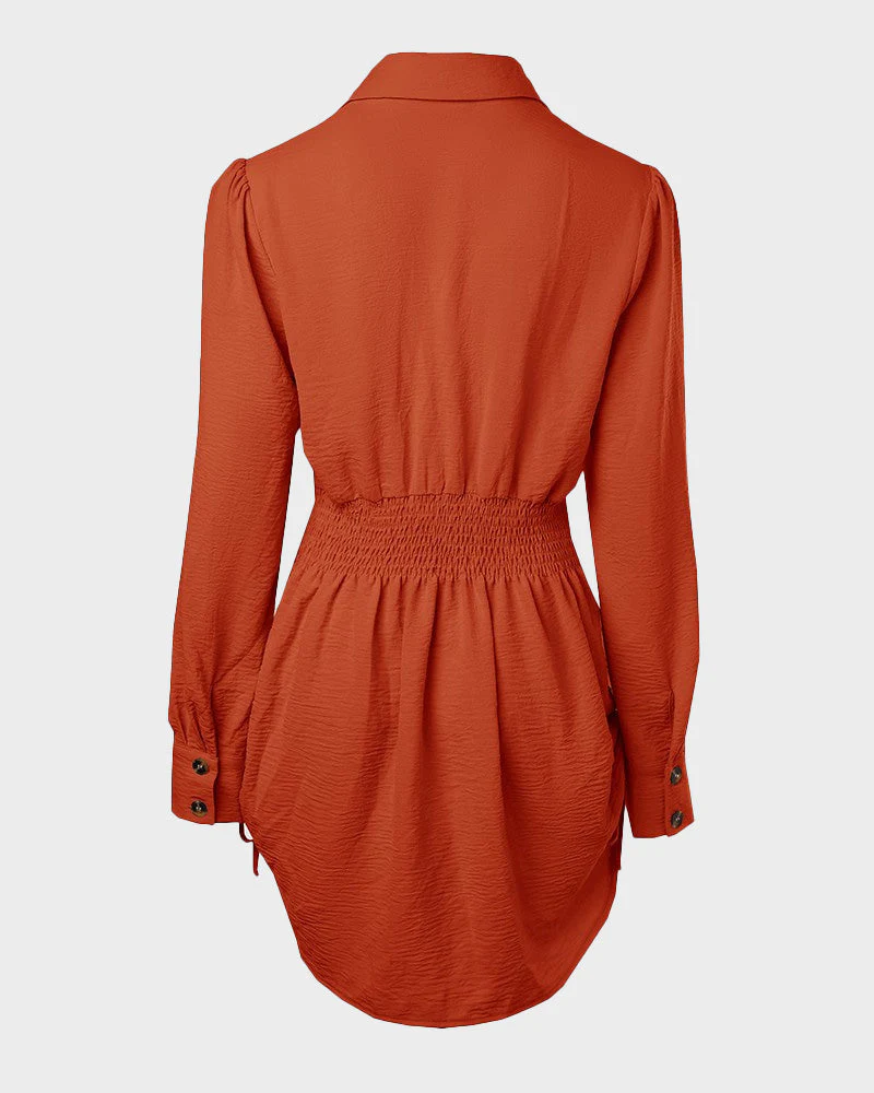 Long Sleeve Button Down Drawstring Shirt Dress - Image 45