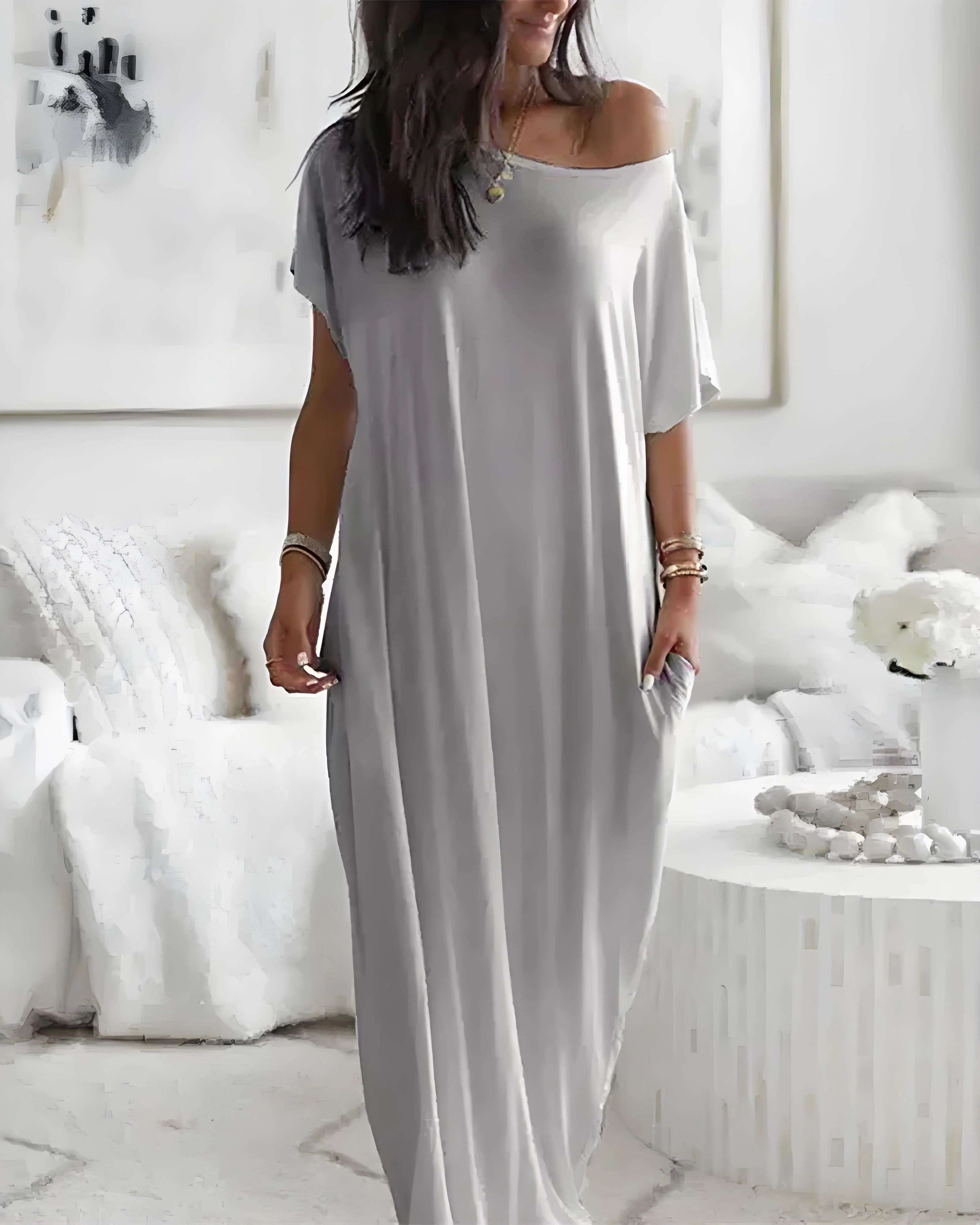 Off-Shoulder Batwing Sleeve Maxi Lounge Dress - Image 7